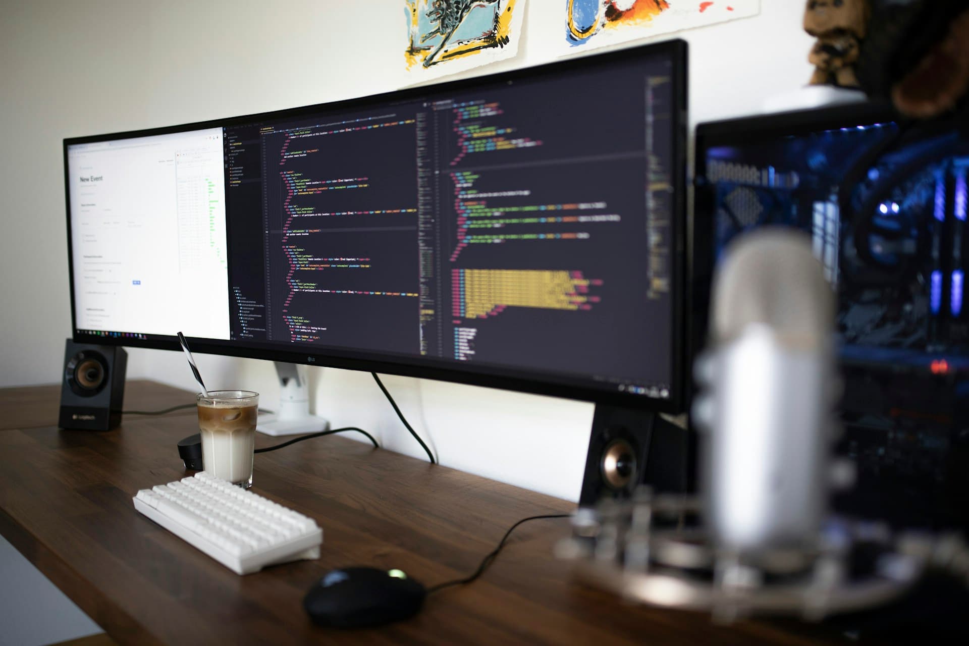 Desk setup with monitor showing codes